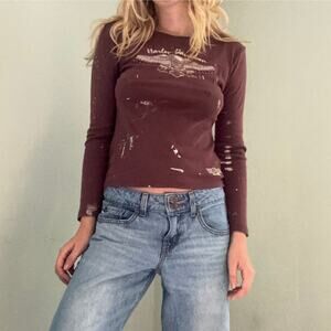 Vintage Y2K Harley Davidson Distressed Paint Splatter Long Sleeve Shirt M Brown
